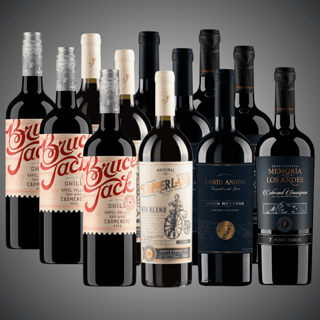 50% OFF, Pack 12 Vinos Tintos con Carácter: Carmenere, Blend y Cabernet